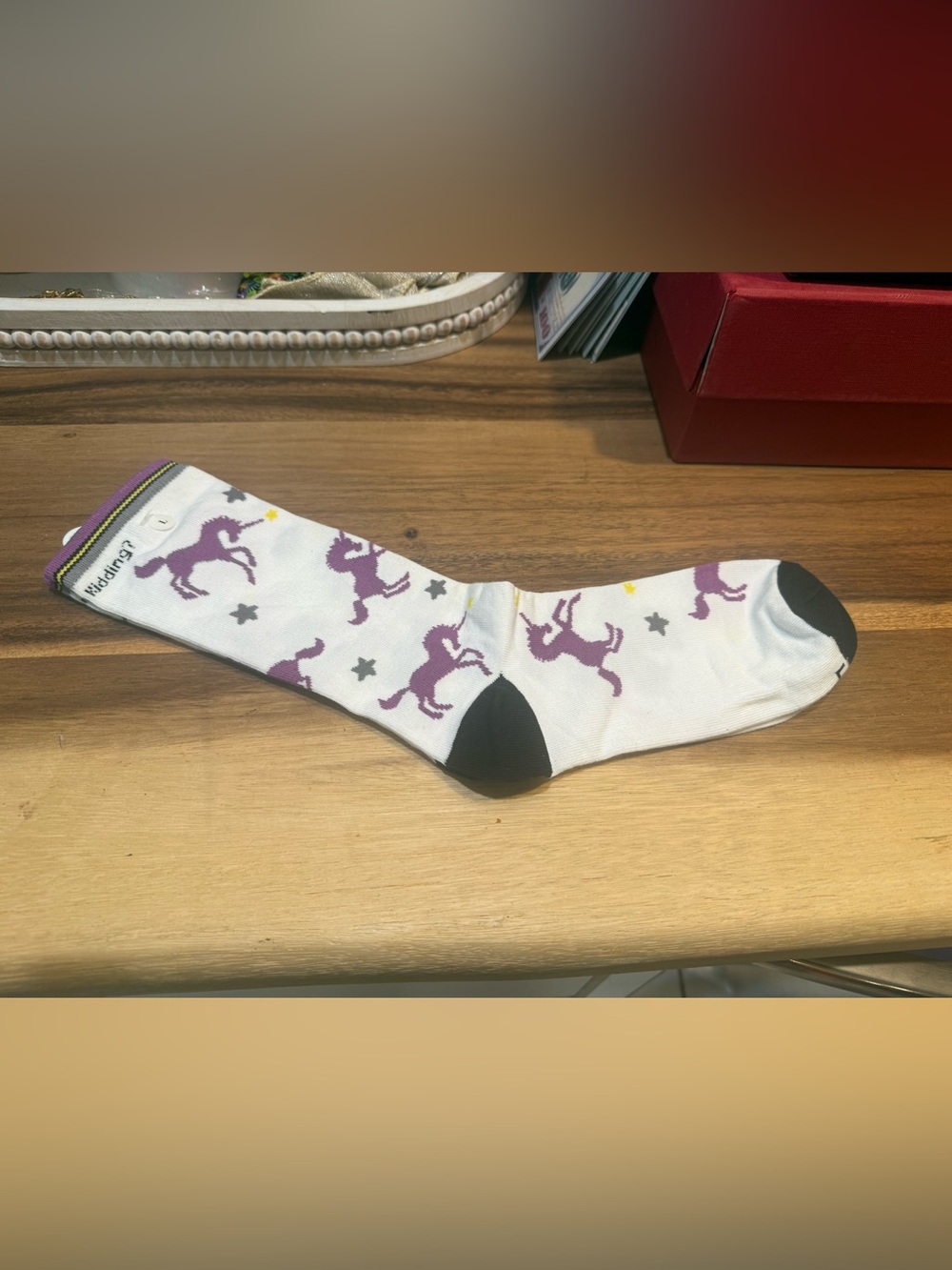 Unisex White Socks with Purple Unicorn Pattern